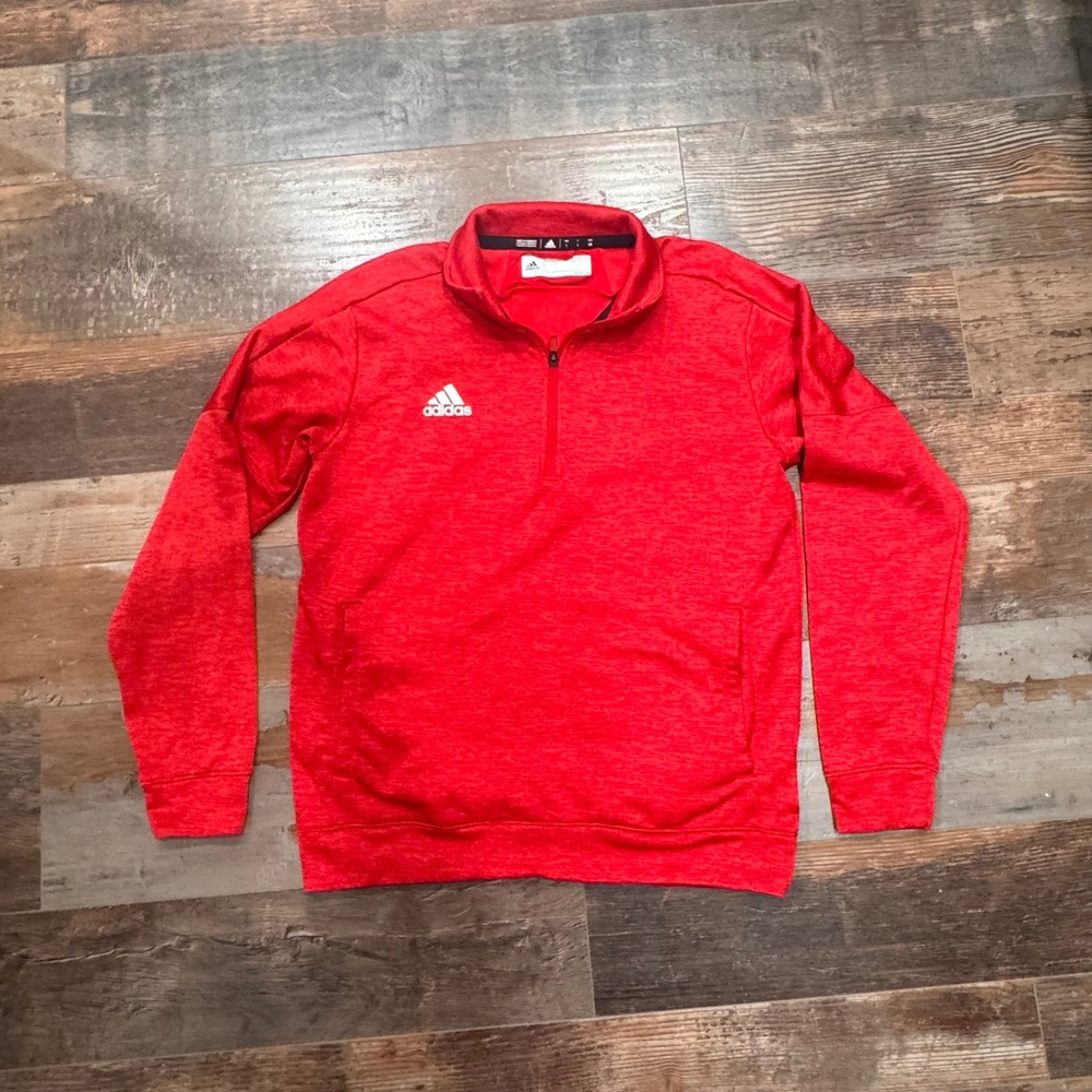 Adidas Mens Red Heathered Quarter Zip Pullover Athletic Sweatshirt Large